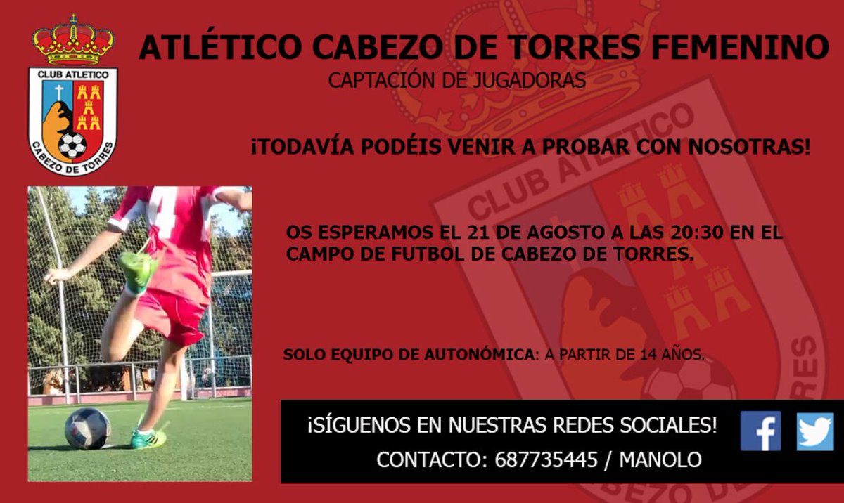 CAPTACIÓN |Recordamos que aún podéis venir a probar con nuestro equipo de Primera Autonómica. 
Anímate a disfrutar del fútbol con nosotras. 
📆 Martes 21 de agosto ⏱20:30
📌Campo de fútbol de Cabezo de Torres.
