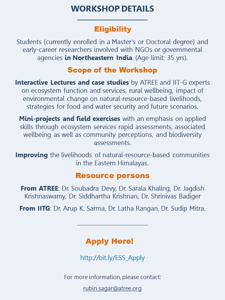 #WorkshopAnnouncement
Ecosystem Approaches to Water and Food Security for Rural Wellbeing - Certificate Training Workshop on Integrating Ecosystem Services and Rural Livelihoods

For more information: atree.org/atree_iitg_tws

Apply here: bit.ly/ESS_Apply