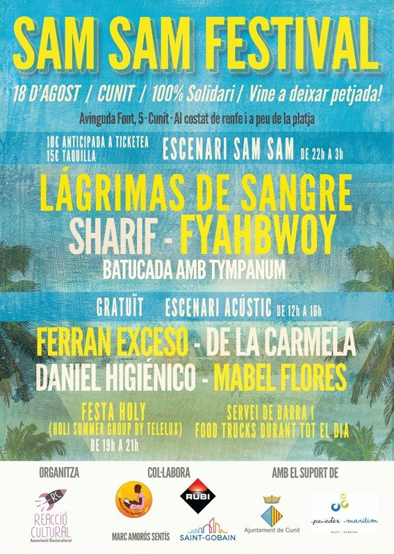 CunitTurisme's tweet photo. 👏🏼 Torna el Festival 100% solidari de l’estiu. 📆 Aquest 18 d’agost se celebrarà la segona edició del Sam Sam Festival a la ciutat de #Cunit (#BaixPenedès) organitzat per l’associació Reacció Cultural.
https://t.co/I8fEtzdkrB
#SamSamFestival https://t.co/at56qTgGyP