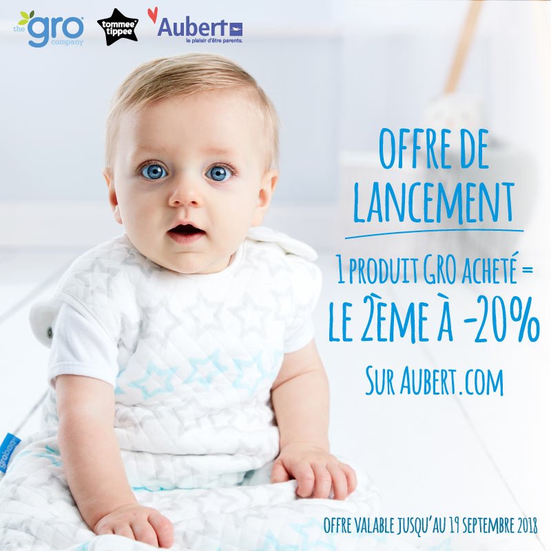 Offre de lancement 
Pour l'achat d’un article de la marque Gro, le deuxième article à -20% sur Aubert.com ( et en magasin) 
Offre valable en France du 16 août au 19 septembre 2018, sur Internet et en magasins.