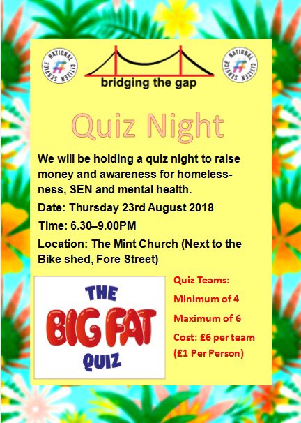 We are holding a quiz night for St Petrocks. Please come along. We will be serving tea, coffee and cakes. #NCS #charity #quiznight