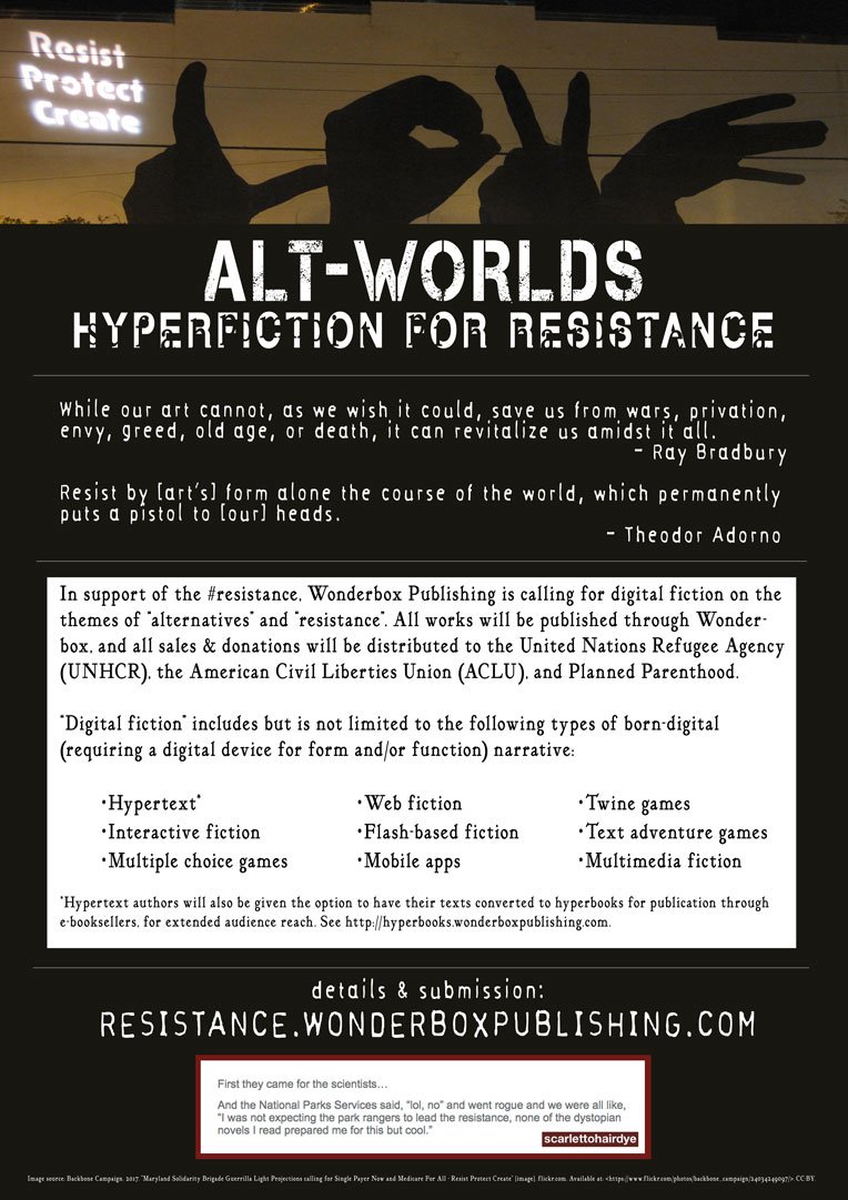 wonderboxpub's tweet photo. Just a reminder: Open call (open deadline) for #AltWorlds #Hyperfiction for #Resistance collection. I'm pretty open to what you consider "hyperfiction"! #ELO2018 https://t.co/SQLjcM37Z8 https://t.co/ocAeFq1WSK
