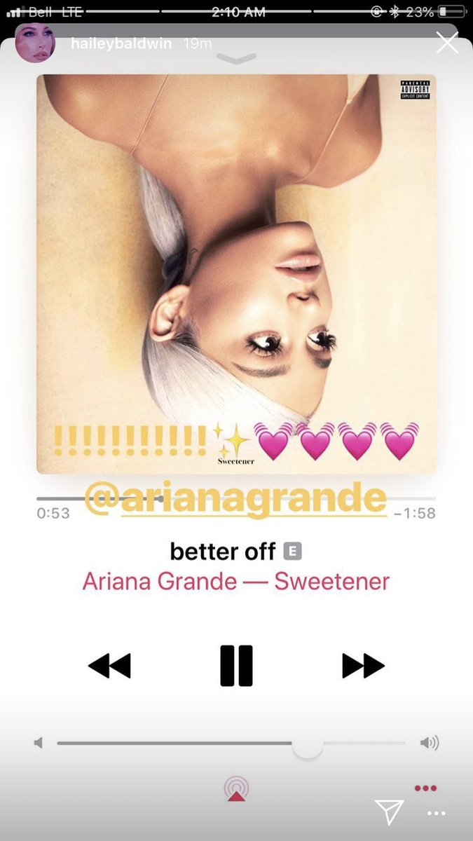 dailyjaileybr's tweet photo. 🚨 INFO | O screenshot/print de tela que Hailey postou nesta madrugada escutando a música “better off” novo álbum de Ariana Grande, Sweetener, tem a operadora canadense Bell no canto esquerdo! Então isso pode significar que sim, ela está no Canadá com Justin! https://t.co/NgF9OulSrS
