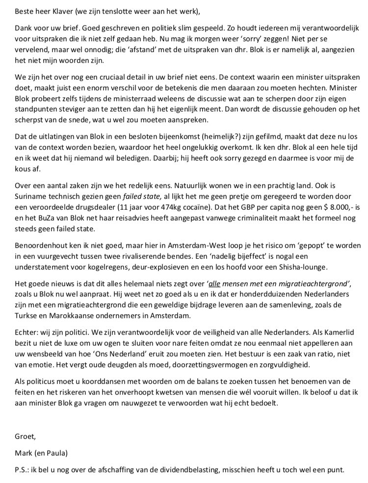 Beste heer <a href="/jesseklaver/">Jesse Klaver</a> Omdat de <a href="/MinPres/">Dick Schoof</a> het druk heeft, doe ik hem een suggestie aan de hand van een antwoord op uw brief van gisteren. Groet, Paula #Blok