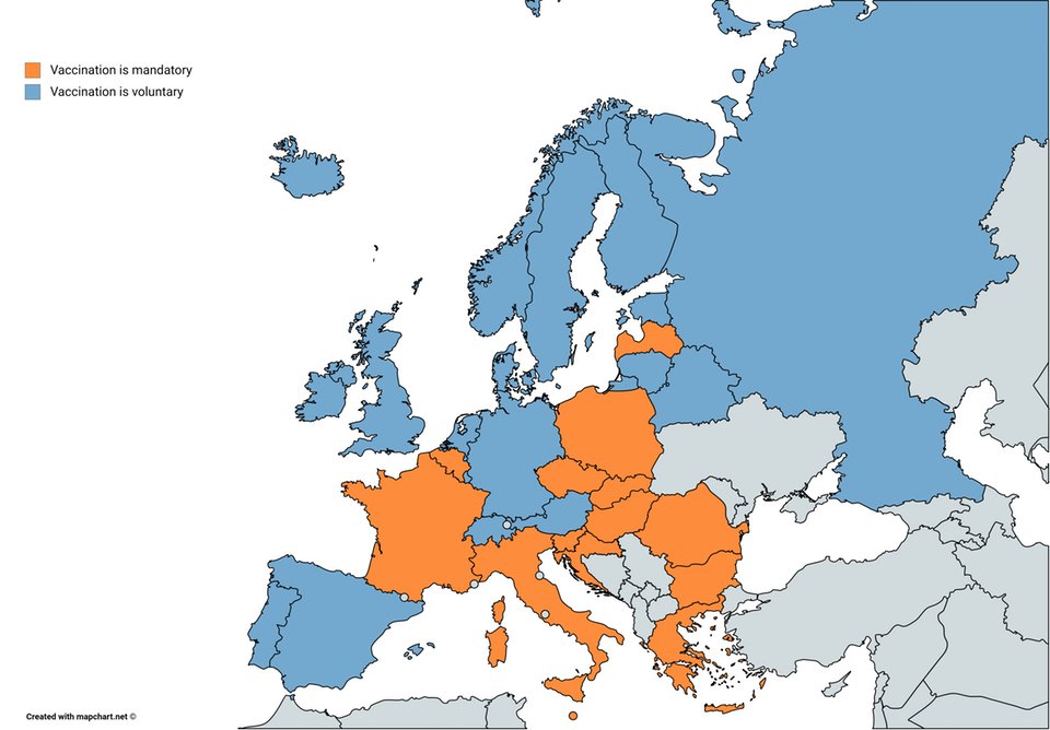 #Map shows where vaccination is mandatory. In the case of vaccination I feel the horrors that the mass-outbreak of diseases can cause justify that states overrule the right of individuals to decide against vaccination. Source: buff.ly/2PhGyxp