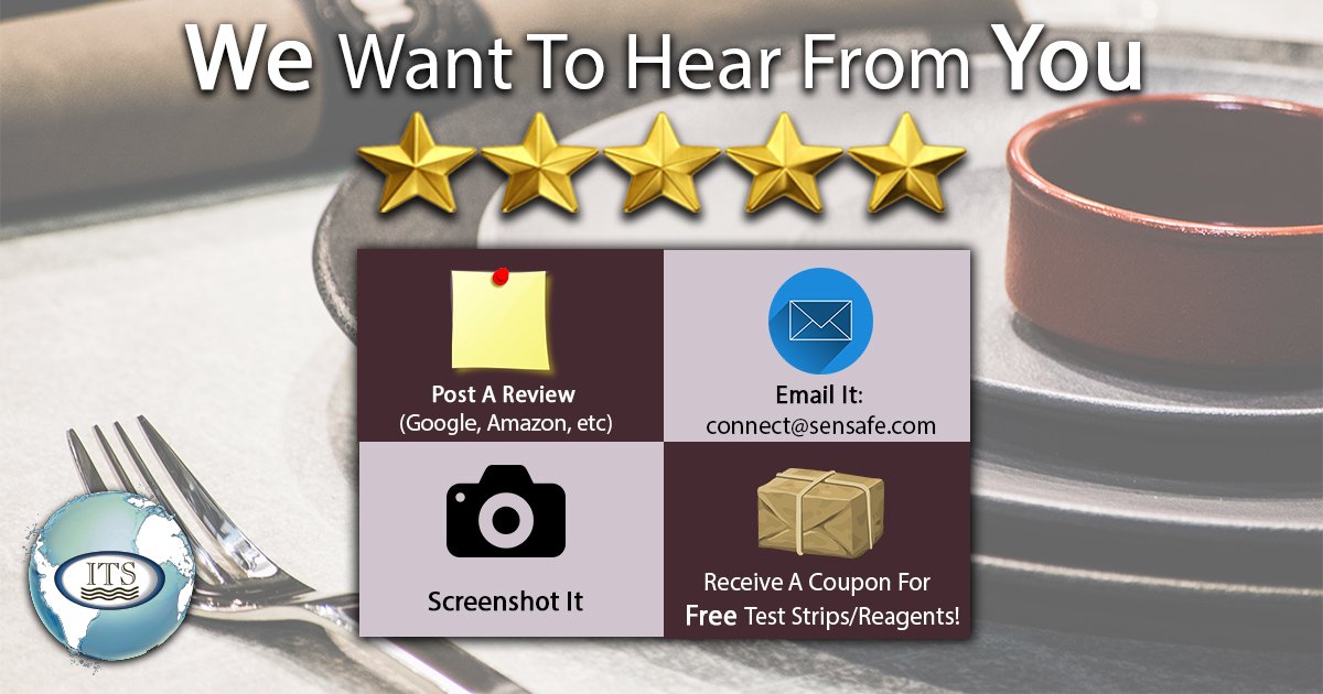 sensafe's tweet image. We want to hear from you! If you post a review for an ITS product on Amazon or any other site, screenshot it, and email the picture to connect@sensafe.com, we will email you a coupon for free test strips/reagents! #ITS #Sensafe #waterquality #watertesting #watertestkit
