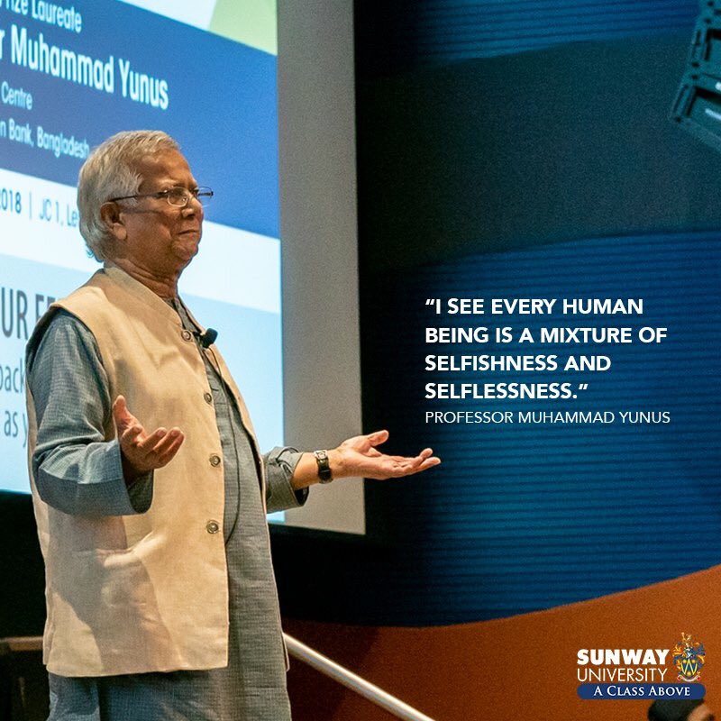 SunwayU's tweet photo. Such a memorable #JCDSS as we welcome Nobel Peace Prize Laureate, Professor Muhammad Yunus to the #MostHappeningCampus. Speaking to over 500 attendees, Professor Yunus spoke on the subject, 'A World of Three Zeros: Zero Poverty, Zero Unemployment and Zero Net Carbon Emissions'. https://t.co/GggZ21DxIU