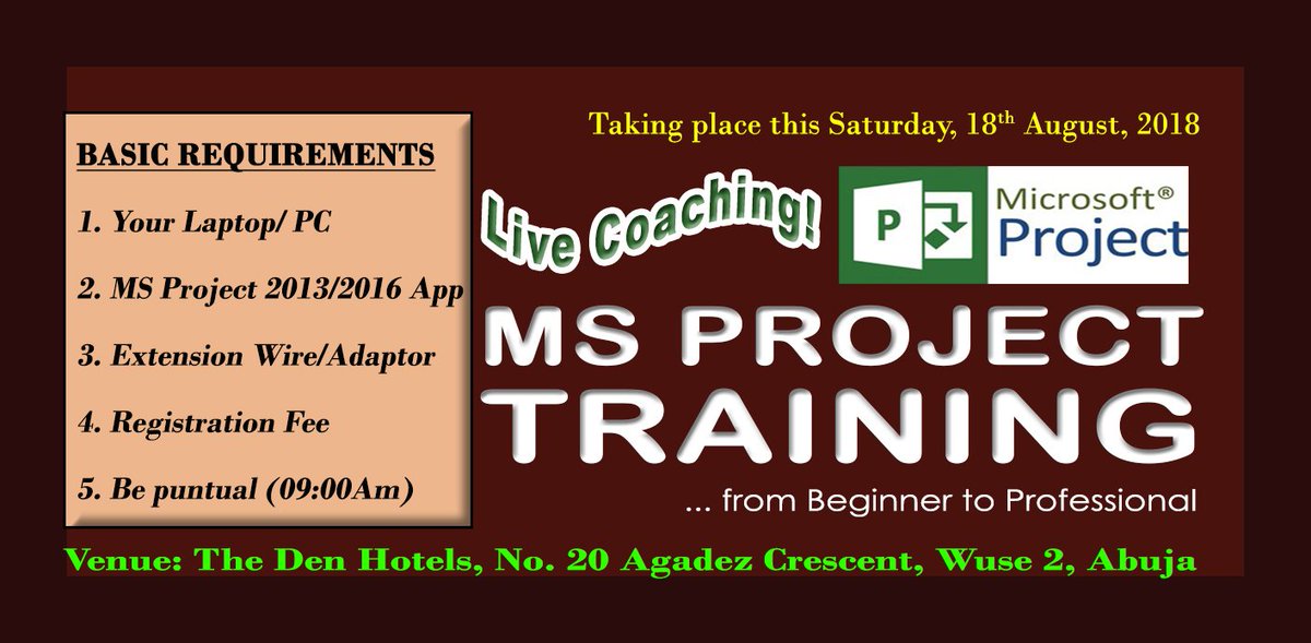 cadprofess's tweet photo. Prepping for @cadprofess #Training Session on #Microsoft Project Professional in #Abuja, see the attached checklist for your instructions. https://t.co/hM9RjF5Hq2