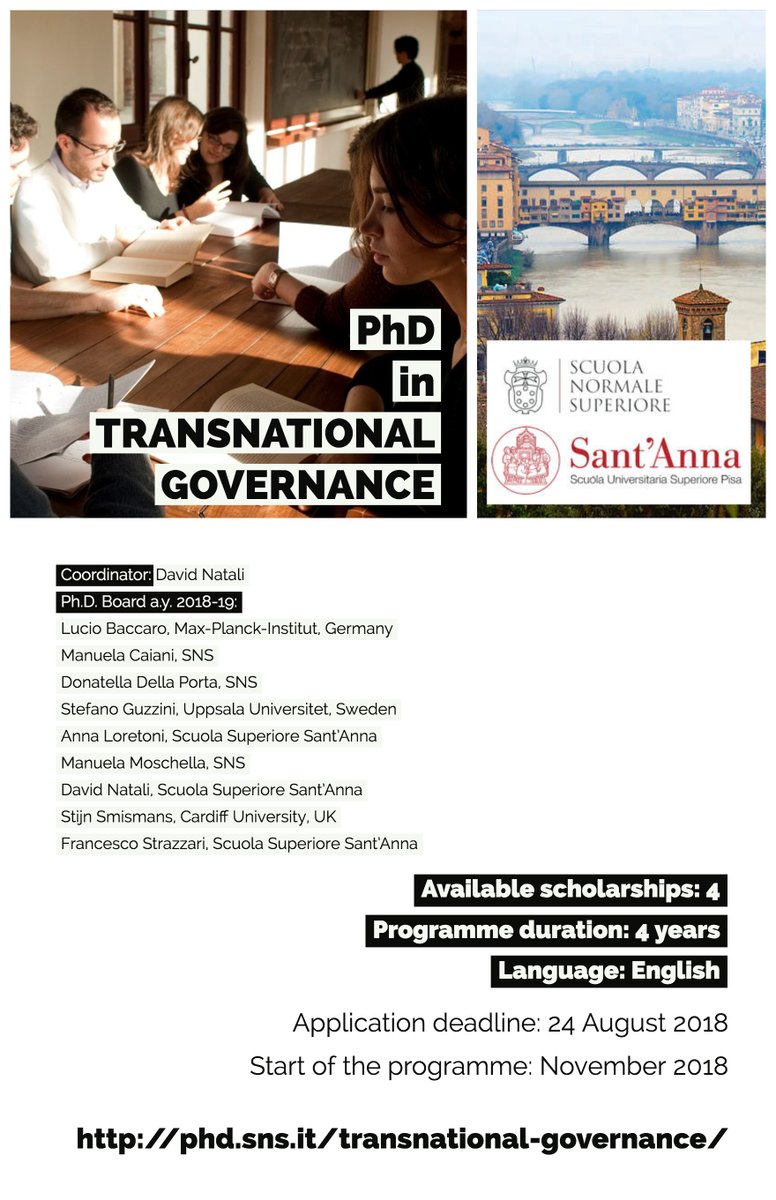 last few days for applying for 4 fully-funded #PhD positions in #TransnationalGovernance jointly offered by Scuola Normale Superiore & Scuola Superiore Sant'Anna in #Florence (deadline August 24)
phd.sns.it/transnational-…