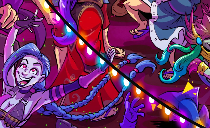 Jinx dancing in a crowd of characters, a string of lights draped above them. It looks like a cropped part of a larger image--whatever could it mean?