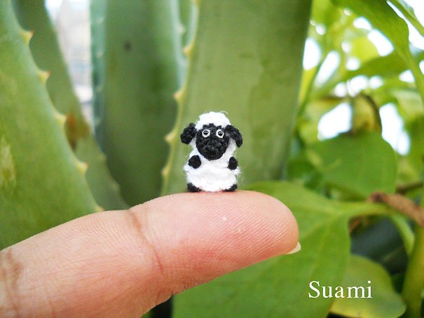 Su Ami, Their miniature crocheted animals are so small that they fit on a finger tip.
