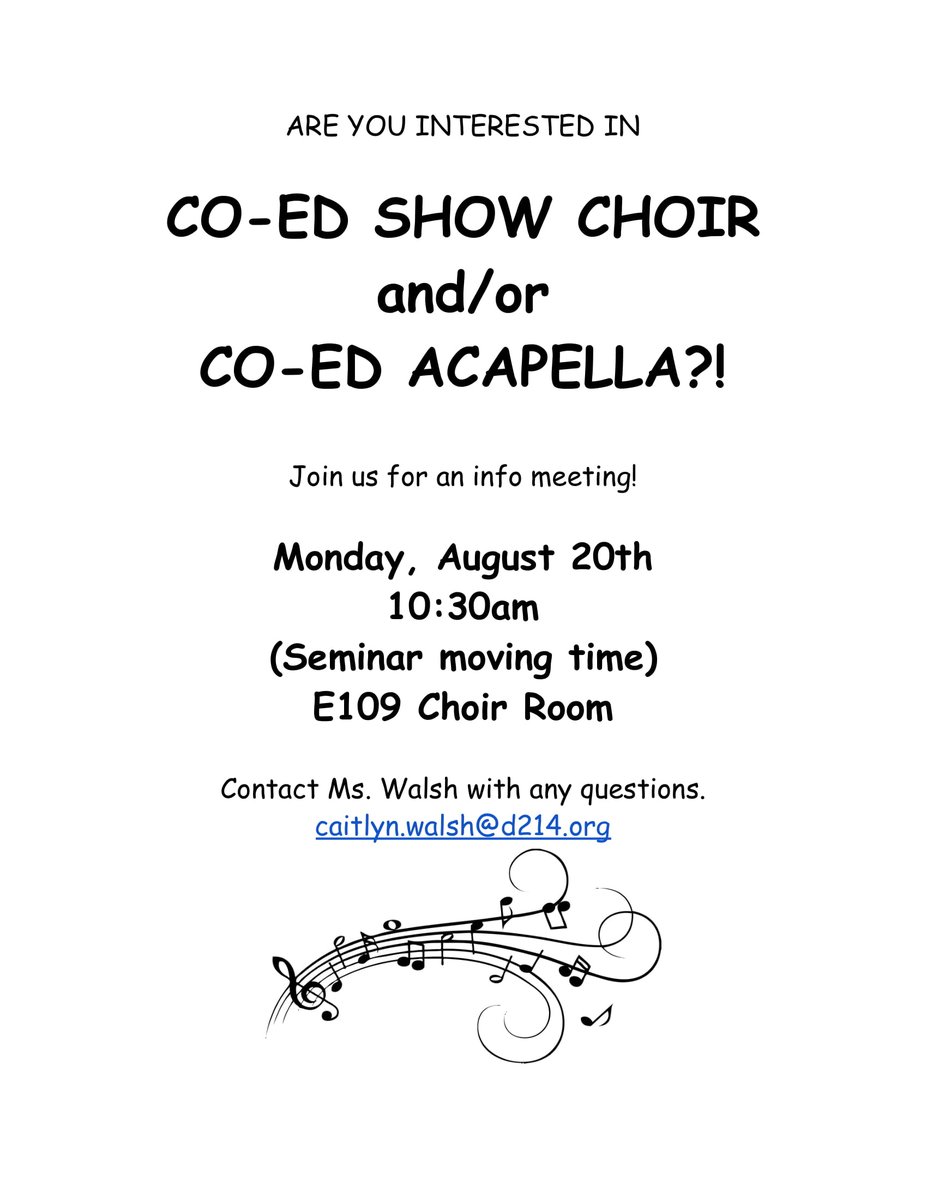 Get ready for some exciting changes in the Choir program this year...join us for a brief info meeting during Seminar moving time on MONDAY to learn more. All <a href="/RMHSMUSTANGS/">Rolling Meadows HS</a> are welcome to get involved! <a href="/RMFineArts/">RMHS Fine Arts</a> <a href="/TheatreRMHS/">RMHS Theatre</a> <a href="/RMHSOrchestras/">RMHS Orchestras</a>