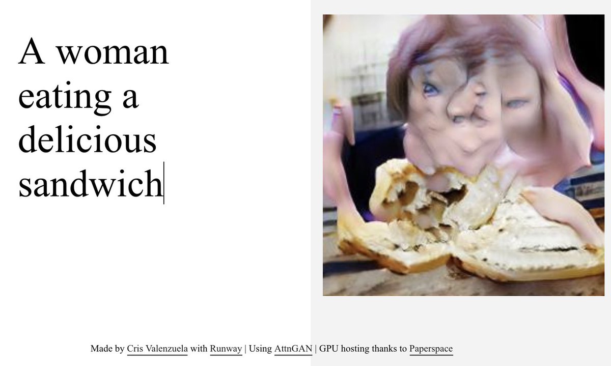 A woman eating a delicious sandwich. Generated image: very distorted lumpy human whose face is intersecting with a messy sandwich