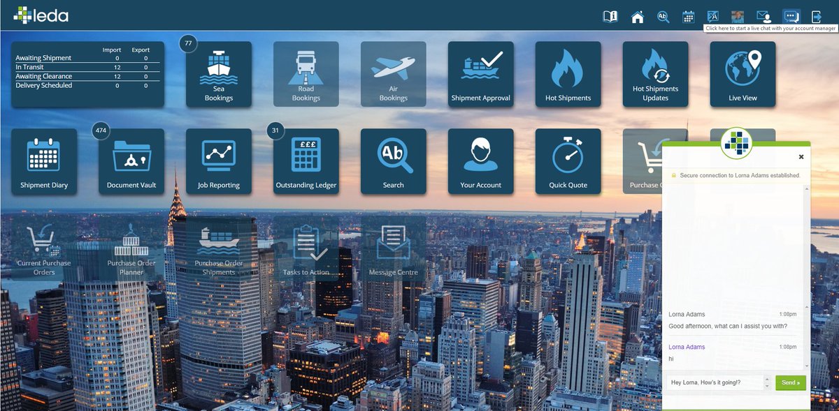 Live Chat with account manager now available on #Leda
Click the top icon (second from right in menu) to speak directly with your account manager, or member of their team if not available.
<a href="/cardinalcaptain/">Cardinal Maritime</a> <a href="/cardinalplus/">666</a> <a href="/OriginLogistics/">Origin Logistics</a> <a href="/FARLogistics/">Far Logistics</a> standing by now!