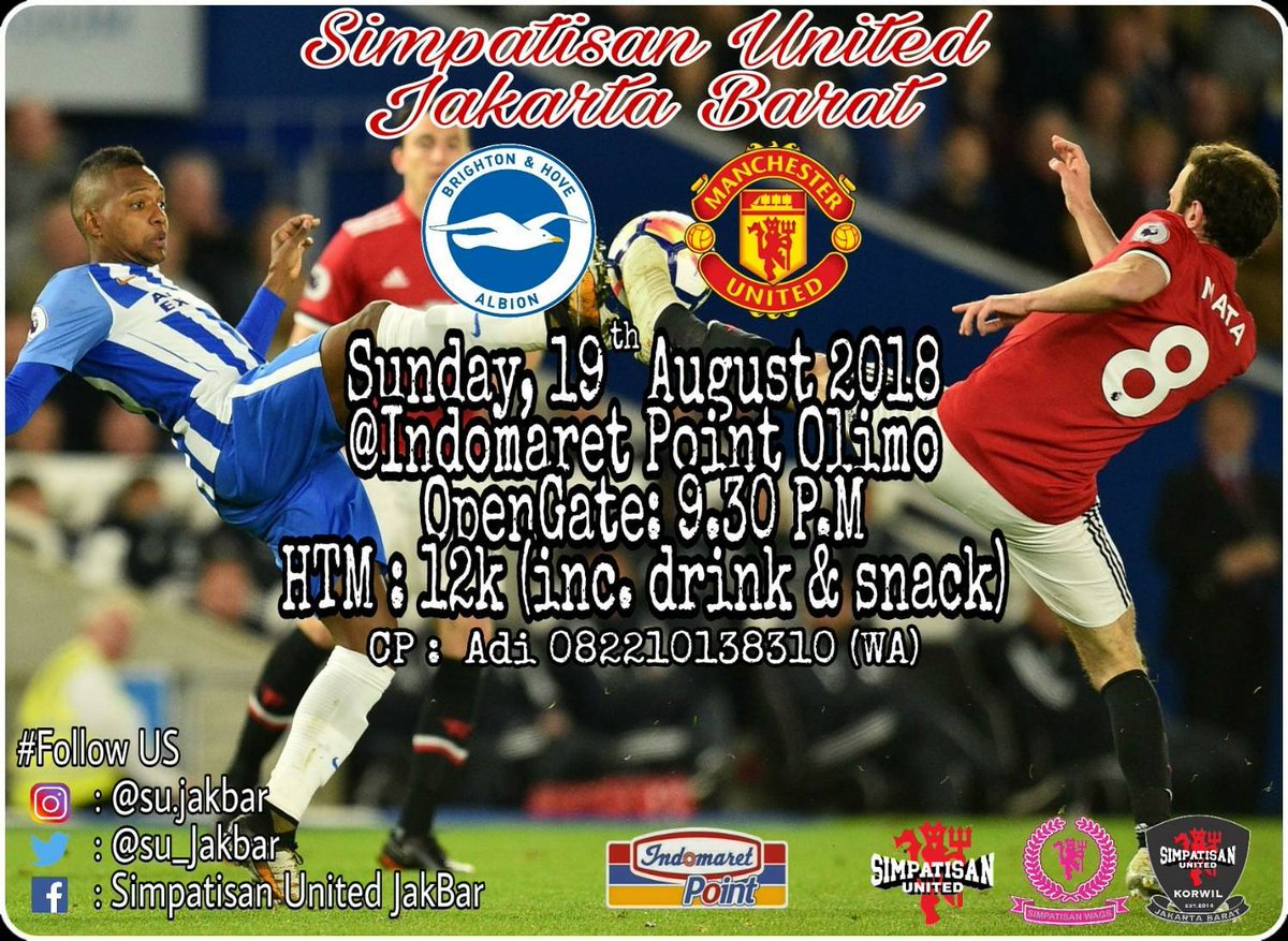 Nonton Bareng #SUJB

" Brighton  vs Manchester United "

🏆 : Premier League
📆 : Minggu, 19 Agustus 2018
🕓 : 21.30 WIB
📍 : Indomaret Point, Olimo
💸 : 12k ( Inc. Softdrink &amp; Snack )

📞 : 0822-1013-8310 ( Adi )

Come Join With Us &amp; Feel Football Atmosphere !!