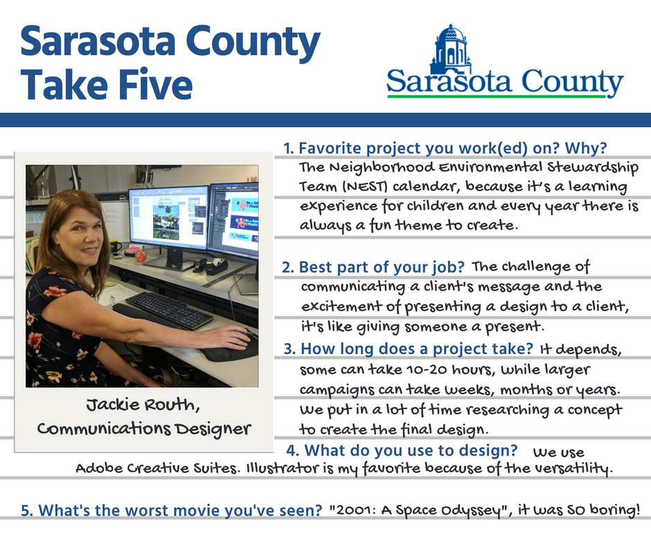 SRQCountyGov's tweet photo. Communicating a client's message through design is fun and challenging, take five with Jackie Routh to learn more! #takefive #communicationsdesign https://t.co/3rXZ6yVwMR