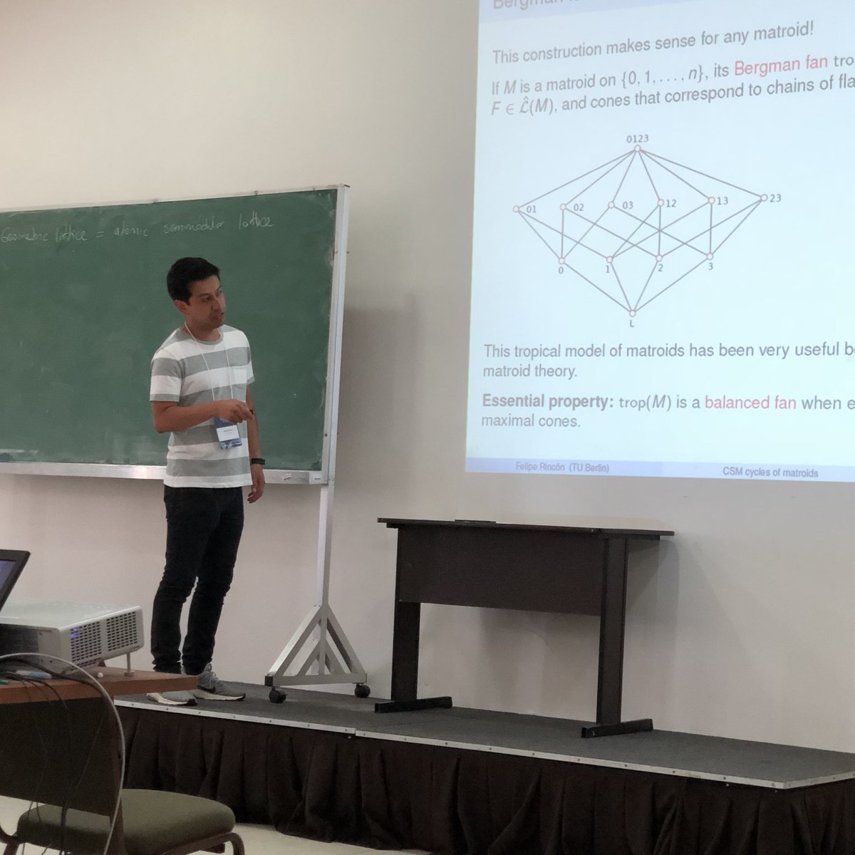 dagan_karp's tweet photo. Beautiful talk by Felipe Rincon on Chern Schwartz Macpherson classes of matroids #impa2018 #TropicalGeometry https://t.co/H8wlWaagVx
