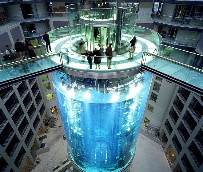 Elevator Express on Twitter: "The #AquaDom in #Berlin , #Germany , is a 25  m tall cylindrical acrylic glass aquarium with built-in transparent  #elevator. It is located inside the Radisson Blu Hotel