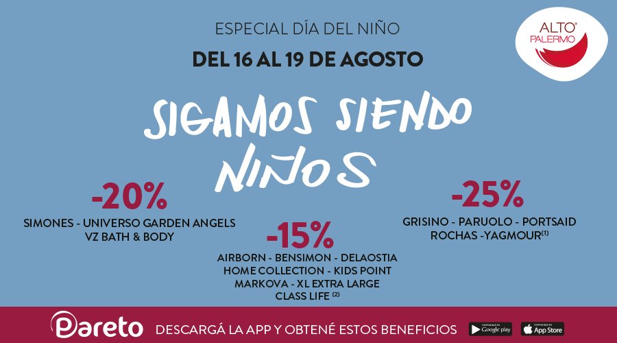 Del 16 al 19 de agosto SIGAMOS SIENDO NIÑOS 💃
Descargá <a href="/ParetoApp/">Pareto App</a> y disfrutá de grandes beneficios✨
Más info en paretopago.com.ar
Legales 👉 goo.gl/8KgZ6j