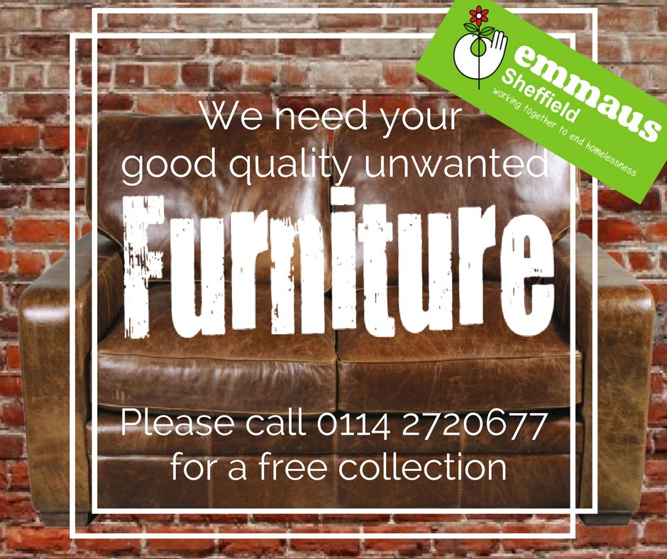 EmmausSheffield's tweet photo. Can you help? We urgently need donations of good quality furniture, bric-a-brac and clothes. All proceeds go directly to helping #Sheffield #homeless. #Sheffieldissuper #secondhandfurniture https://t.co/B0jT17Qs3f