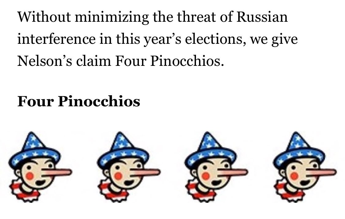 Bill Nelson is awarded an impressive Four Pinocchios for his claims about Russian infiltration of FL election records: washingtonpost.com/politics/2018/…