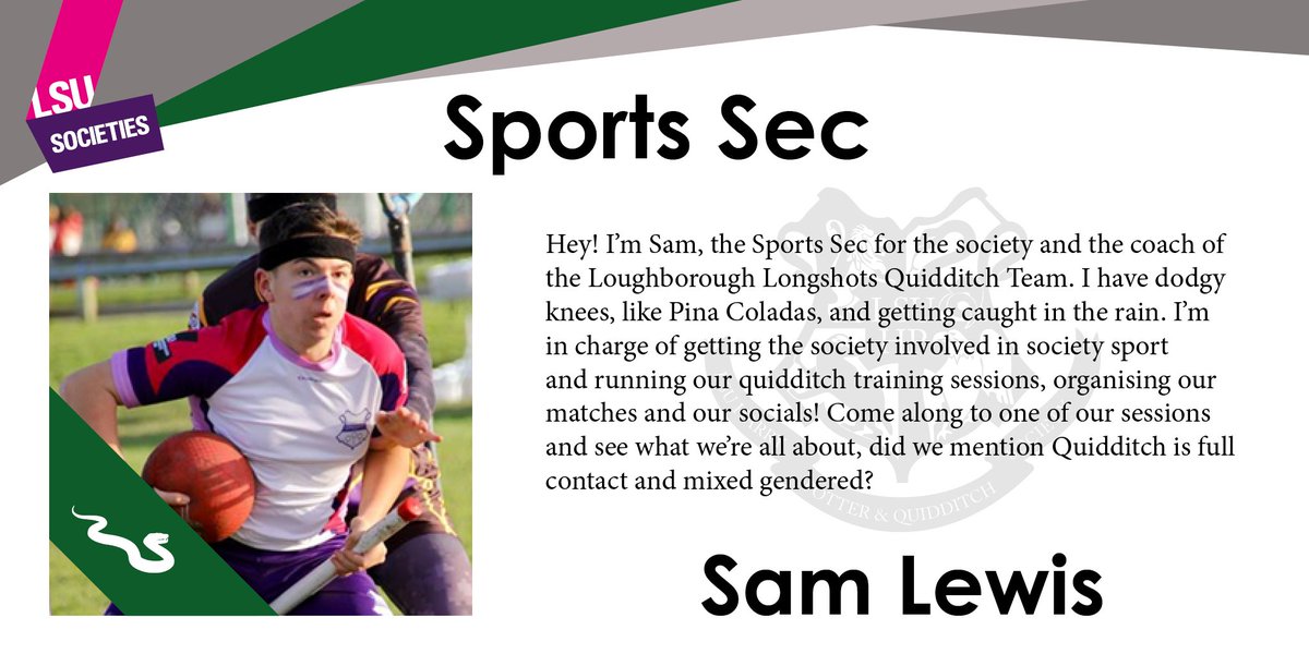 This time it's our Sports Sec and Quidditch coach, Sam Lewis.

As the head of Slytherin house he is hoping to improve on their disappointing 4th place of last year's House Cup.