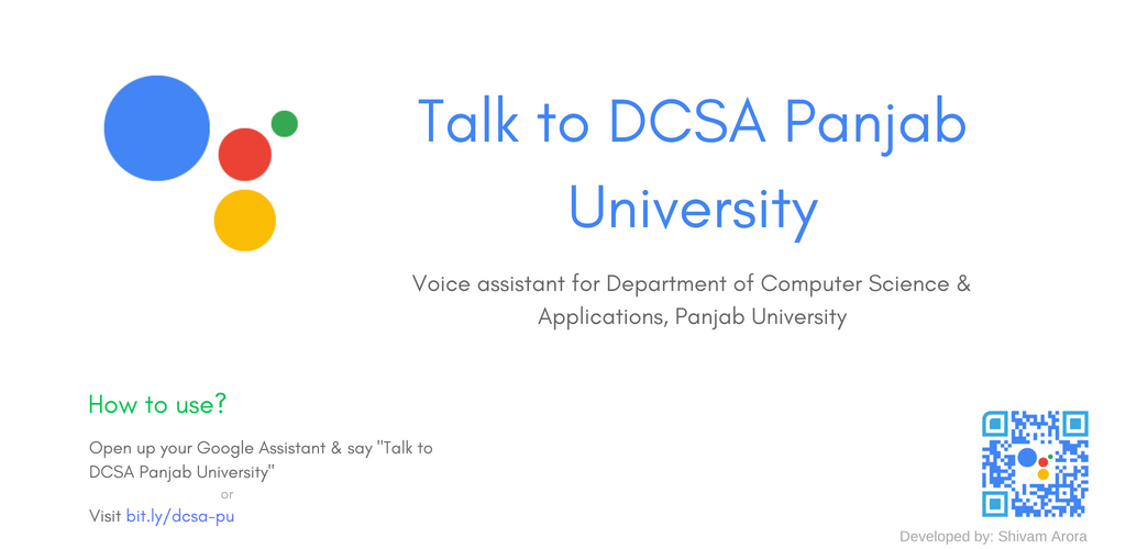 tweetsby_shivam's tweet image. Want to know about courses in DCSA Panjab University? Fee structure? Seats availability? Contact info? 

Check out my first #ActionOnGoogle app. 
Open up your Google Assistant and say "Talk to DCSA Panjab University"

#AoGDevs #IndiaBuildsActions #GoogleAssistant #SolveForIndia