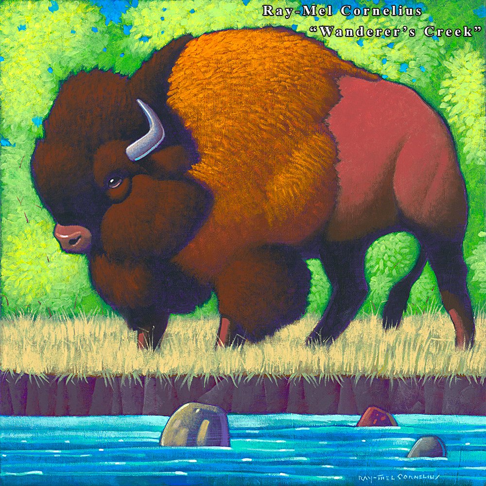 "Wanderer's Creek", by Ray-Mel Cornelius. Ray-Mel shows at Copper Moon Gallery, 105 Kit Carson Rd, next door to the print shop. His colorful paintings are sensitive and beautiful, and we love capturing them for archive! coppermoongallerytaos.com #buffalo #nature #newmexico #taos
