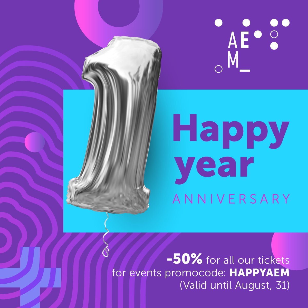 Today we have a big celebration!
🎉 Amazing Event Machine @aemcreators is turning 1 year!
⠀
We have a special gift for you!
🔥 Use a promo code HAPPYAEM and buy tickets to any of our <a href="/xblockchainday/">Blockchain Day</a> events with 50% discount!

#blockchain #blockchainday #blockchaindayonline
