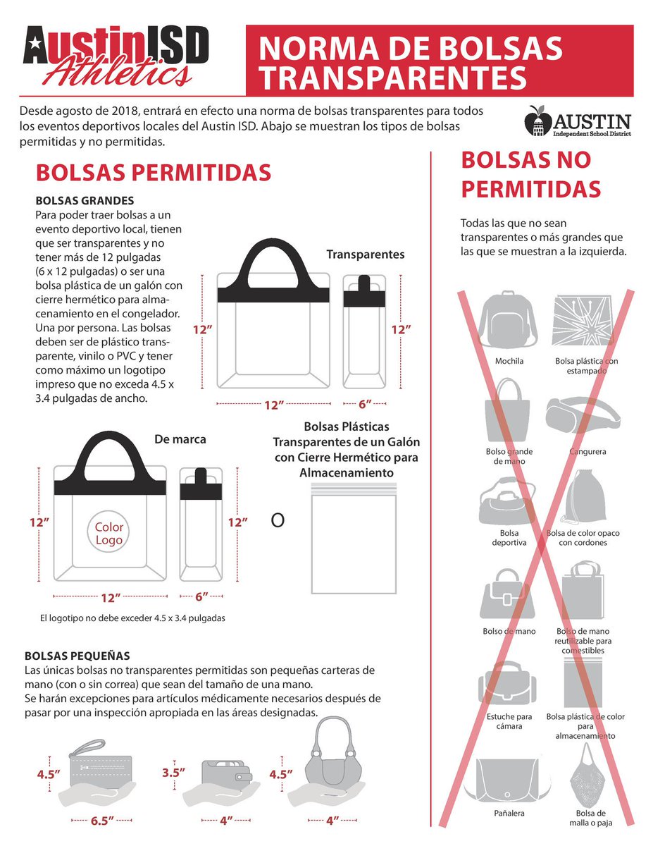 Austin ISD (@austinisd) on Twitter photo . <a href="/AISDAthletics/">Austin ISD Athletics</a> has implemented a clear bag policy at district athletic events in an effort to increase safety & security.
The policy, which begins Aug. 30, will be enforced at Burger Stadium, Delco Center, House Park Athletics Facility, Nelson Field and Noack Sports Complex. . <a href="/AISDAthletics/">Austin ISD Athletics</a> has implemented a clear bag policy at district athletic events in an effort to increase safety & security.
The policy, which begins Aug. 30, will be enforced at Burger Stadium, Delco Center, House Park Athletics Facility, Nelson Field and Noack Sports Complex.