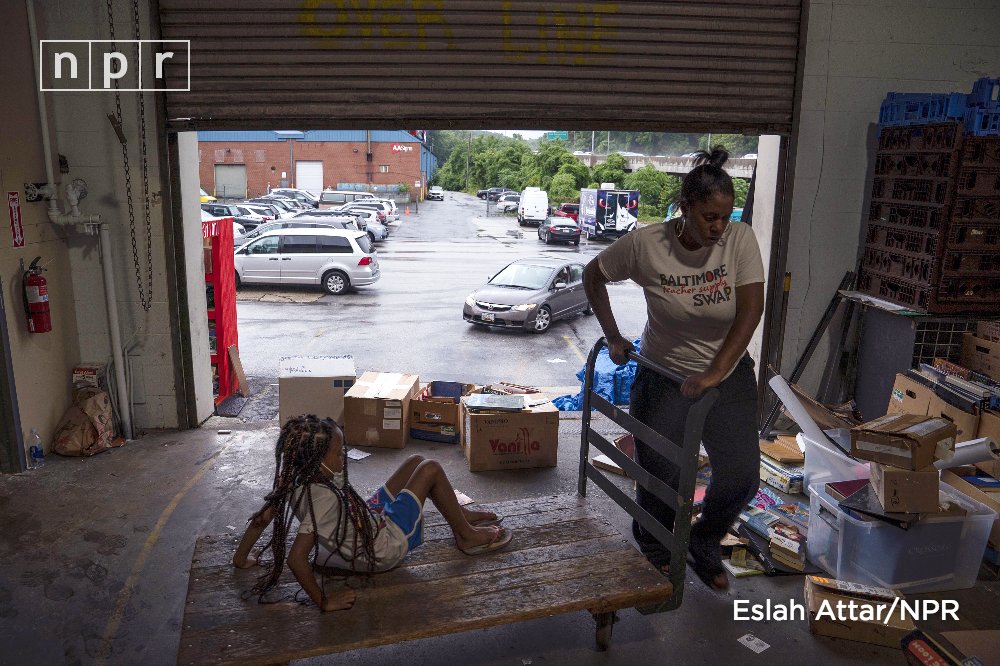 Lyric, daughter of the Baltimore Teacher Supply Swap's operations coordinator Kiyawna West, often volunteers at the Teacher Supply Swap, a free store for educators in northern Baltimore.