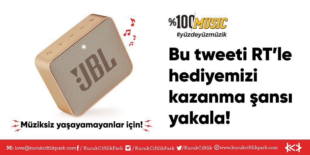 Müziksiz yaşayamayanlara sürprizimiz var! Bizi takip et ve bu tweeti RT'le, JBL Go 2 hediyesini kap!
#kucukciftlikpark #yüzdeyüzmüzik