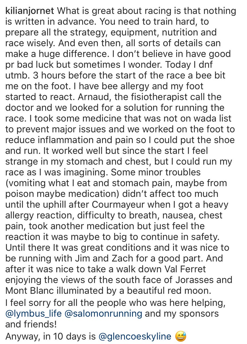 iRunFar's tweet photo. From Kilian Jornet himself on why he dropped: medical issues due to a bee sting a couple hours before the race start. #UTMB https://t.co/k7FqGXLDcr