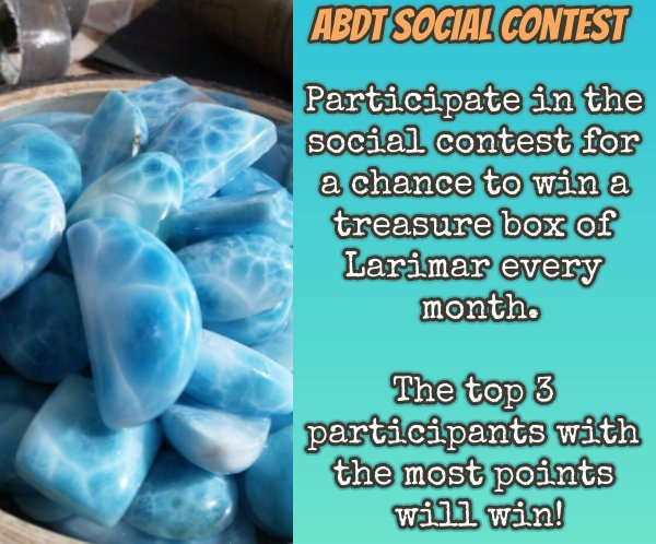 Monthly winners of the ABDT Social Contest will earn a treasure box of Larimar gems!
Visit our Telegram Group to find out more info: t.me/AtlantisBlueDi… #atlantisblue #Stellar #Contest #Gems #atlcoin #Tron #Trx #cryptocurrency #xlm