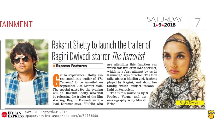 epaper.newindianexpress.com/c/31773999 Get to experience Dolby Atmos sound in a trailer of #TheTerrorist to be launched by @rakshitshetty
@Mantrimall #September2 #7pm Starring @raginidwivedi24 the film is directed by @PCSekar @NamCinema