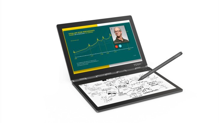 ruanyf's tweet photo. 联想新发布的10.8寸笔记本 Yoga Book C930 ，键盘是一块 E-ink 电子墨水屏，可以当作第二块屏幕。

使用手写笔的时候，副屏就是一个手写输入板；当作键盘使用的时候，则会有触觉反应。https://t.co/h2pOtSC2tx https://t.co/yVeczn4itE