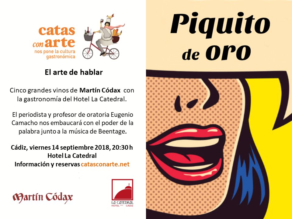 CatasconArte's tweet photo. Piquito de oro, el arte de hablar
El poder de la palabra, el arte de la oratoria 
Cádiz, 14 de septiembre, 20.30. Vinos de @BodMartinCodax  @HotelLaCatedral @camachoeugenio #Beentage
Información y reservas: https://t.co/mBk6LN88Xi https://t.co/hmEWacjAcQ
