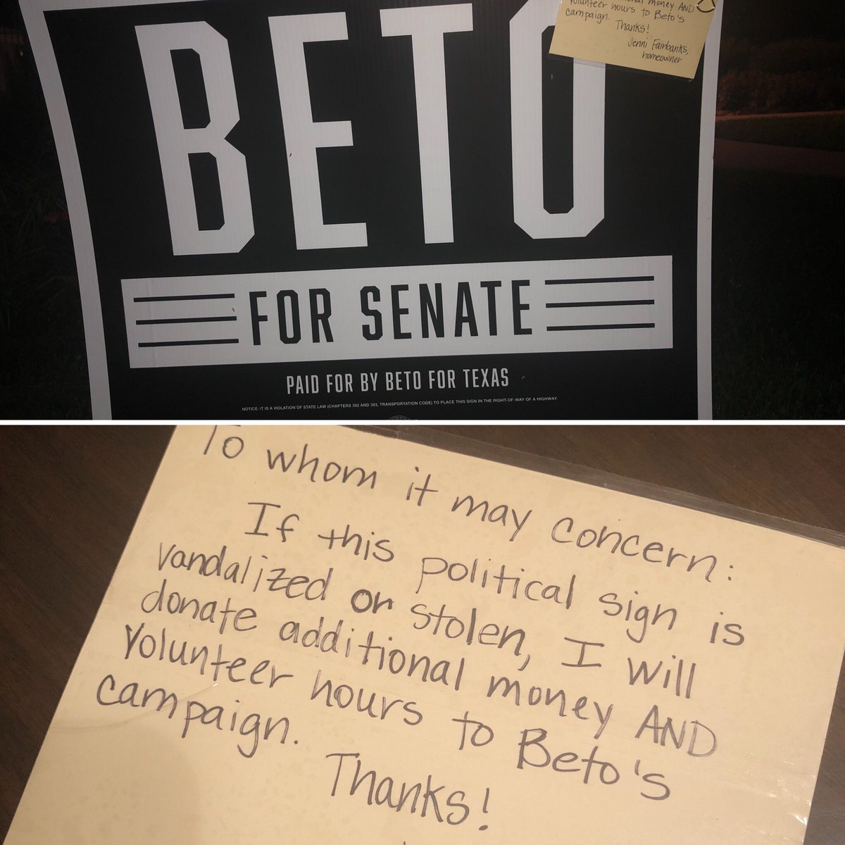 jennifairbanks's tweet photo. When someone steals your Beto yard sign, you replace it and add a lil message. #trymeagain @BetoORourke https://t.co/AFgigMd4m7