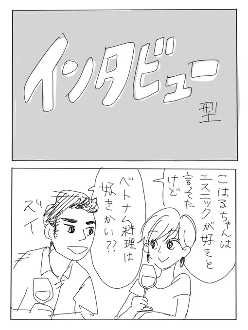 ②インタビュー型
(本当のインタビューはこんなんじゃないけど)(はみ出しコマあり) 