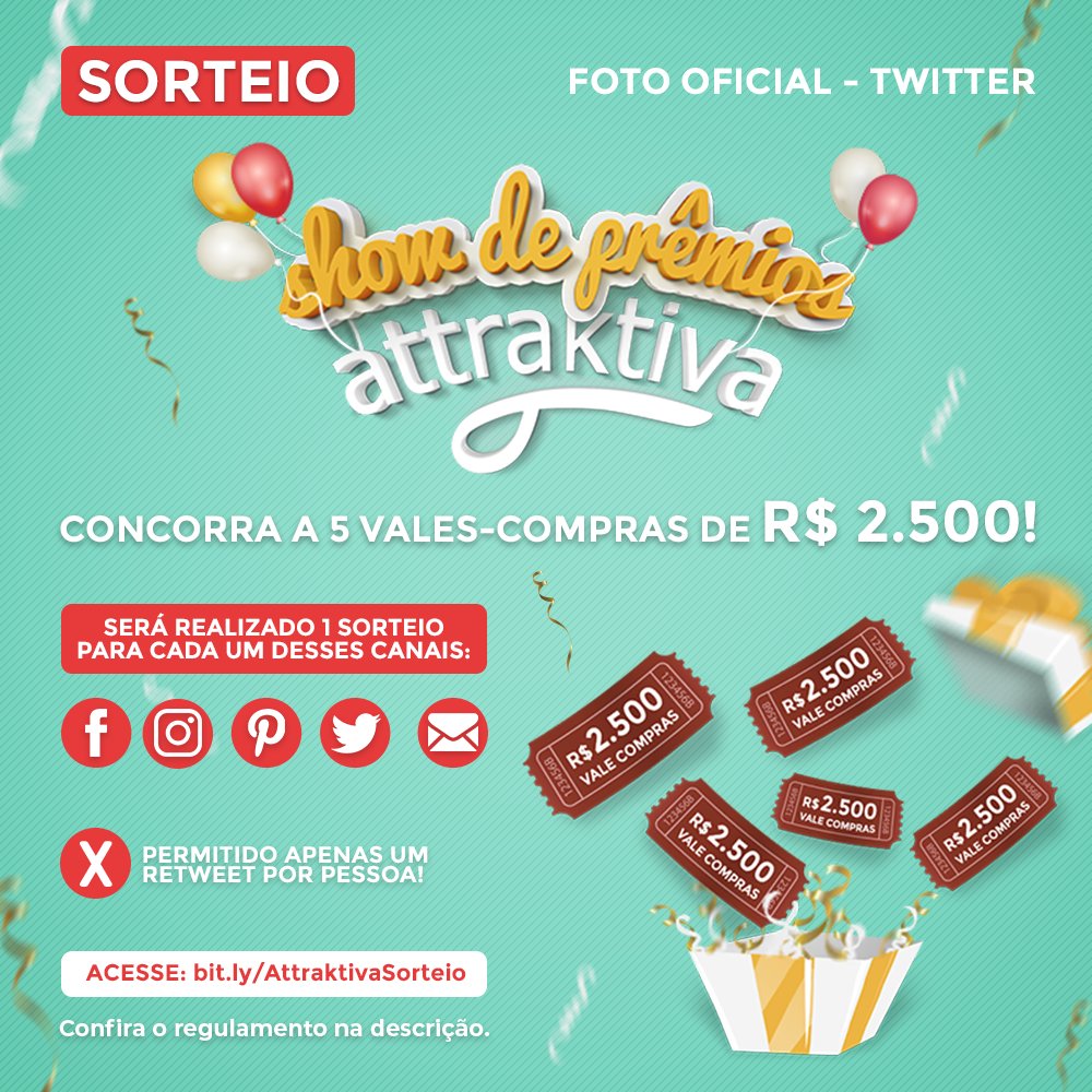 🔵 FOTO OFICIAL 🔵 Quer ganhar um vale-compra no valor de R$ 2.500,00? Basta seguir as regras abaixo:

1⃣ Seguir a <a href="/lojasattraktiva/">Attraktiva Móveis</a>
2⃣ Retweetar essa FOTO OFICIAL.

📢 Tem mais 4 sorteios rolando, acessa: bit.ly/AttraktivaSort…