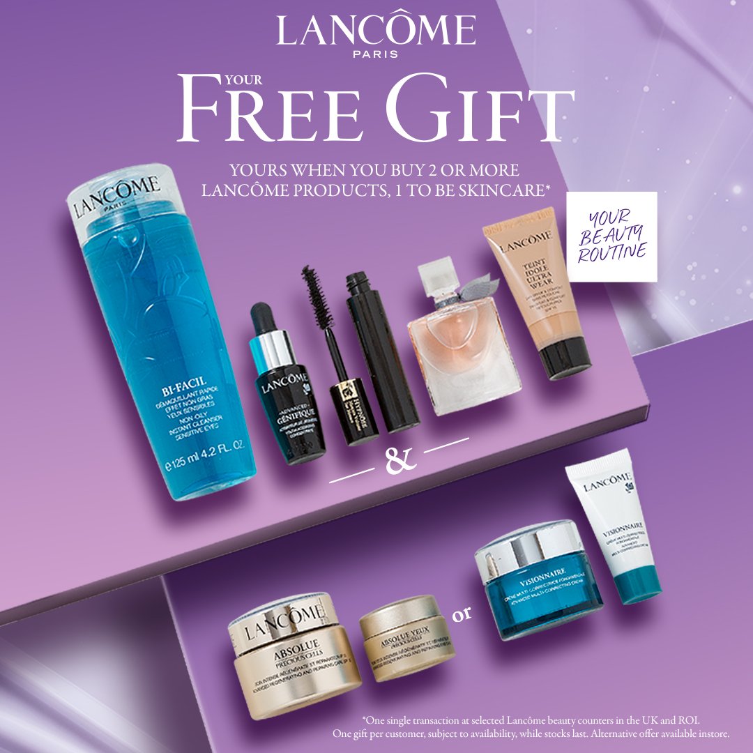 Take home the luxury of @LancomeUK with a 6-piece travel set when you buy any two Lancôme products, one to be skincare. Whilst stocks last!