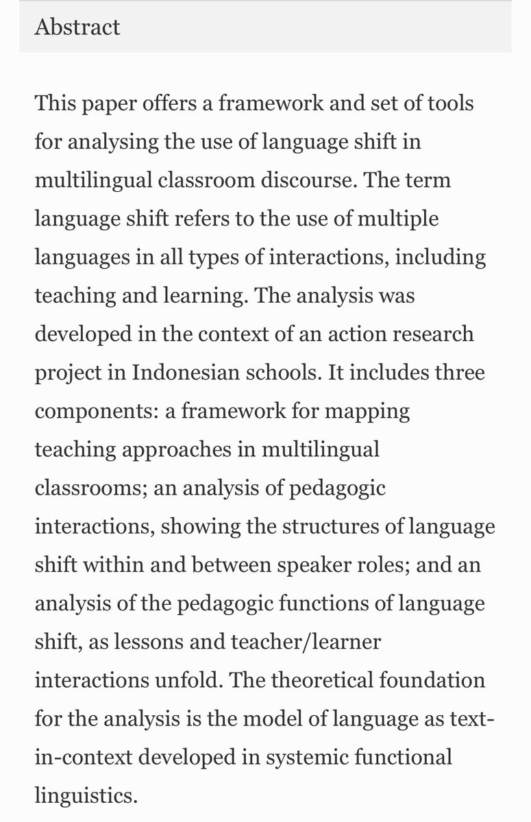 SLaM_Network's tweet photo. Our member Harni Kartika w/ David Rose published 'Language shift: analysing language use in multilingual classroom interactions', exploring the use of code-switching in Indonesian schools. Check out their paper!  #slamprogress #codeswitching #translaguaging https://t.co/piCqf3Da9R
