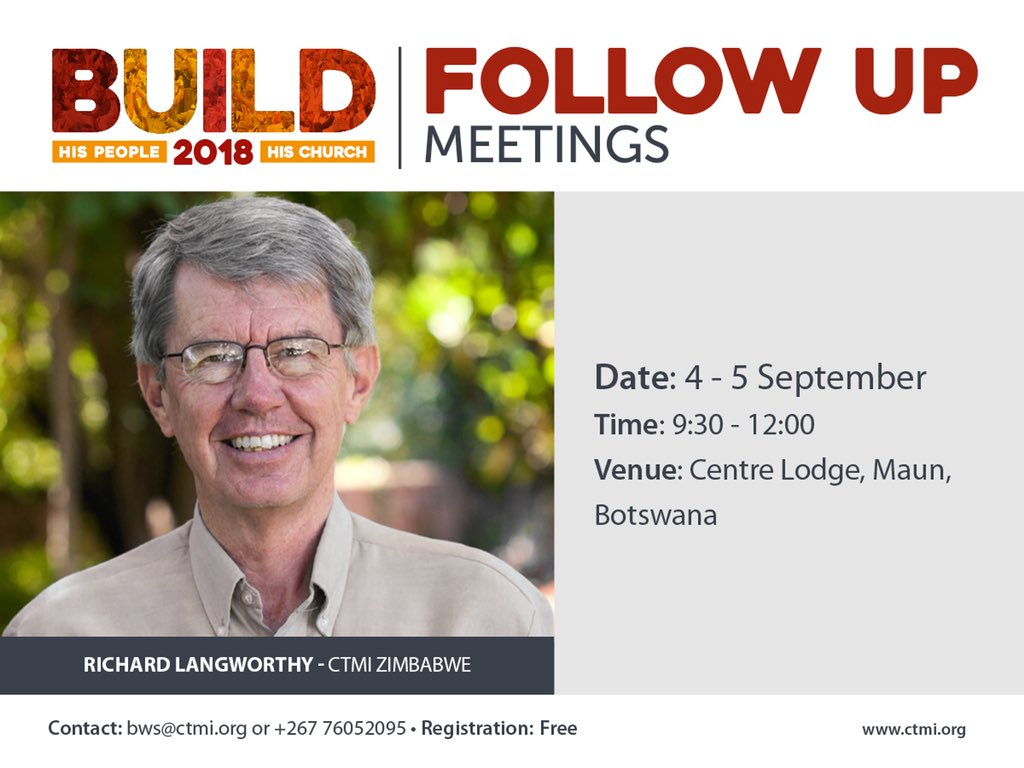 Harvestbots's tweet photo. Calling church leaders to join us as @R_Langworthy will be sharing during The BUILD Conference follow-up meetings in Maun. #buildhischurch #buildhispeople https://t.co/pUvViOZnI3
