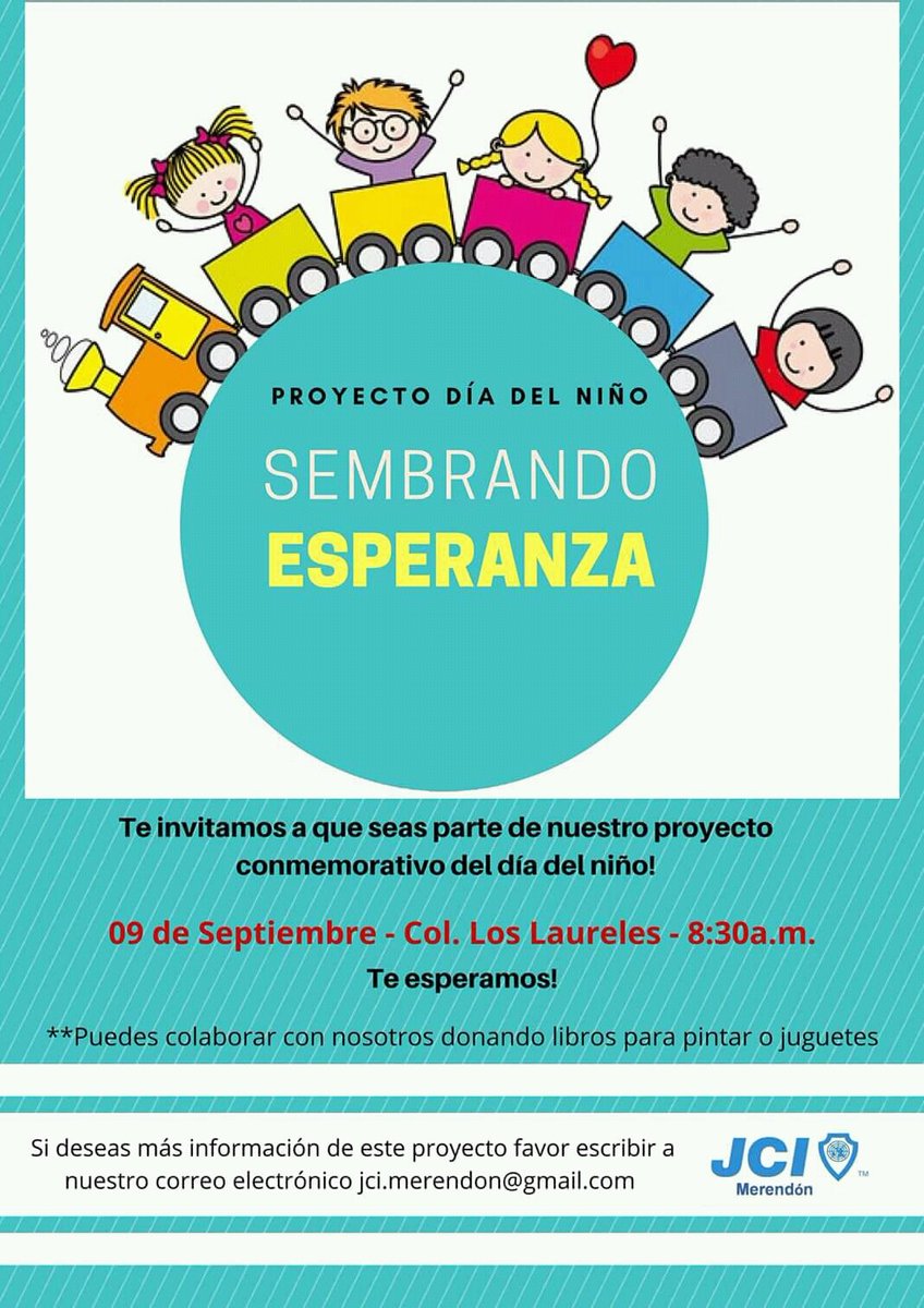 jcimerendon's tweet photo. #JCIMERENDON te invita a que seas parte de este gran proyecto del día del niño, #SembrandoEsperanza!
Este año beneficiaramos a los niñ@s de la Col. Los Laureles (sector ticamaya-jucutuma).
Escribenos a nuestro email jci.merendon@gmail.com.
#YoSoyelCambio
#ChangesBeginWithMe https://t.co/C3xA6EaLeQ