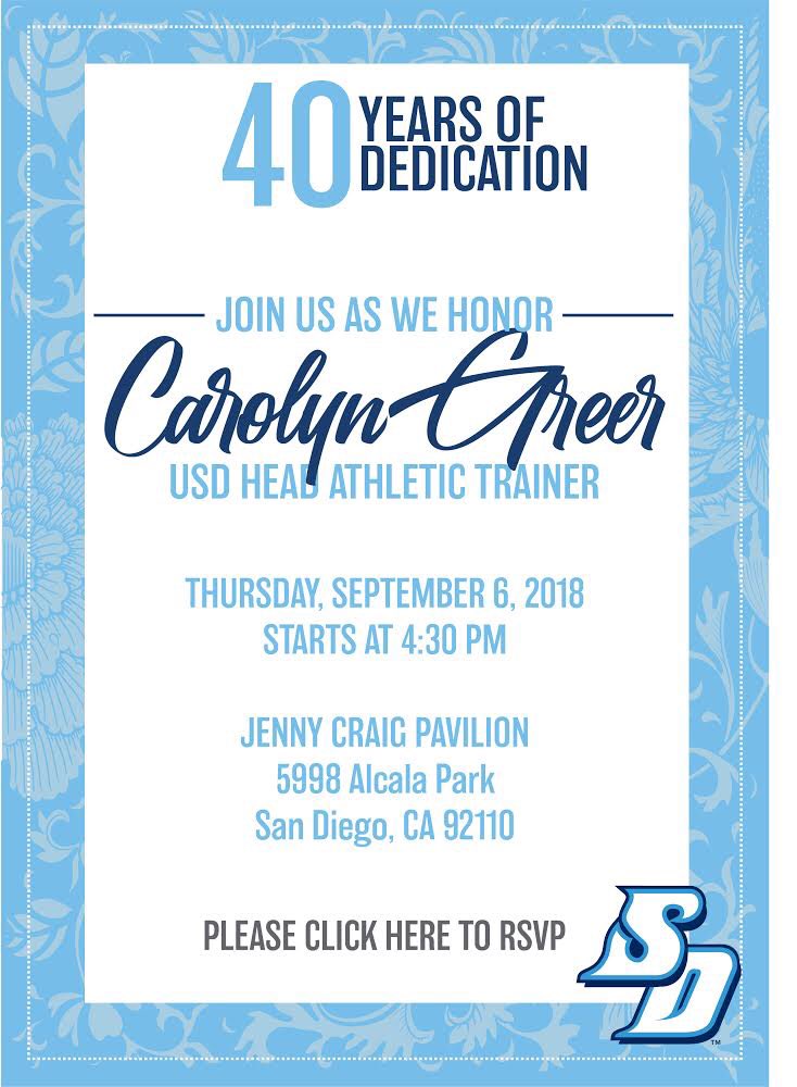 Join us in celebrating the legend that is Carolyn Greer MA,ATC! She has touched so many lives and influenced countless student athletes, coaches, athletic trainers, and students... can’t wait to celebrate you CG! giving.sandiego.edu/s/1374/torero/…