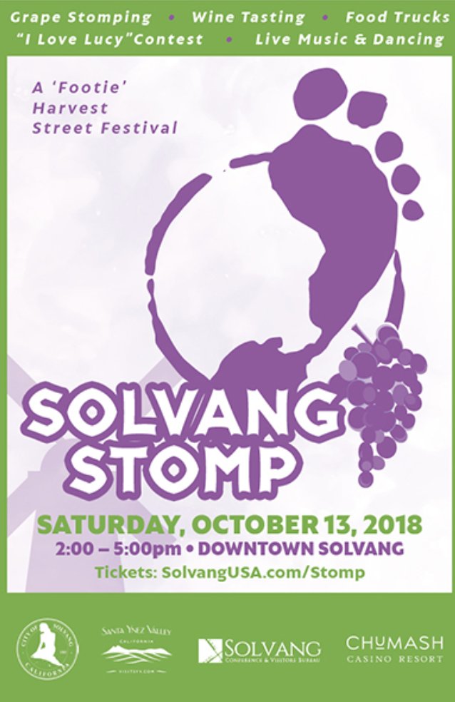 SolvangUSA's tweet photo. Purchase your tickets for the Solvang Stomp today on our website. Enjoy a day of wine tasting and grape stompin' at this "footie" harvest street festival! https://t.co/JDKQBV47BT #solvangstomp #solvangusa #solvang #grapestomp https://t.co/YfytE7bYCZ