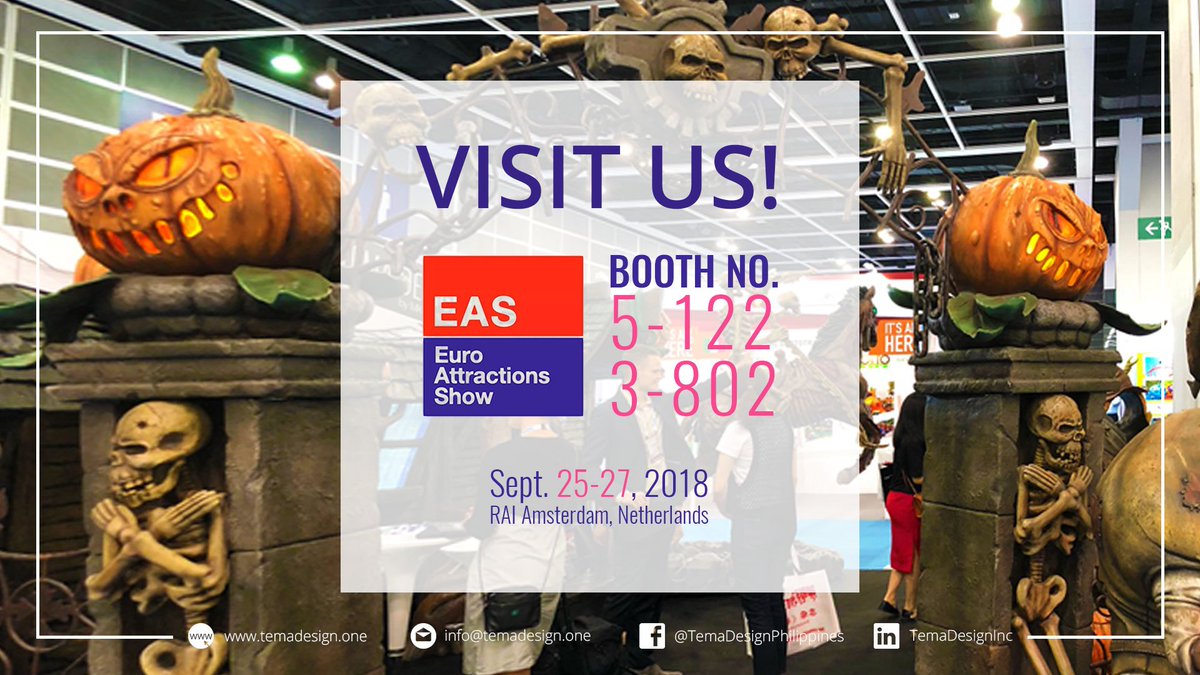 tema_design's tweet photo. Come and join us in this year's Euro Attractions Show on September 25-27 at the RAI Amsterdam, Netherlands!

Visit us at Booth No. 5-122 and 3-802 where we'll showcase a variety of our products— from theming props to amusement park decorations.

#TemaDesign #EAS2018 #Theming https://t.co/0Jl5ysg5uu