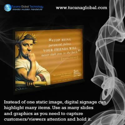 Tucanaglobal's tweet photo. Instead of one static image, #digitalsignage can #highlight many items. Use as many #slides and #graphics as you need to #capture #customers/viewers #attention and hold it. #TucanaGlobalTechnology #Manufacturer #HongKong https://t.co/khmBTcAfSo