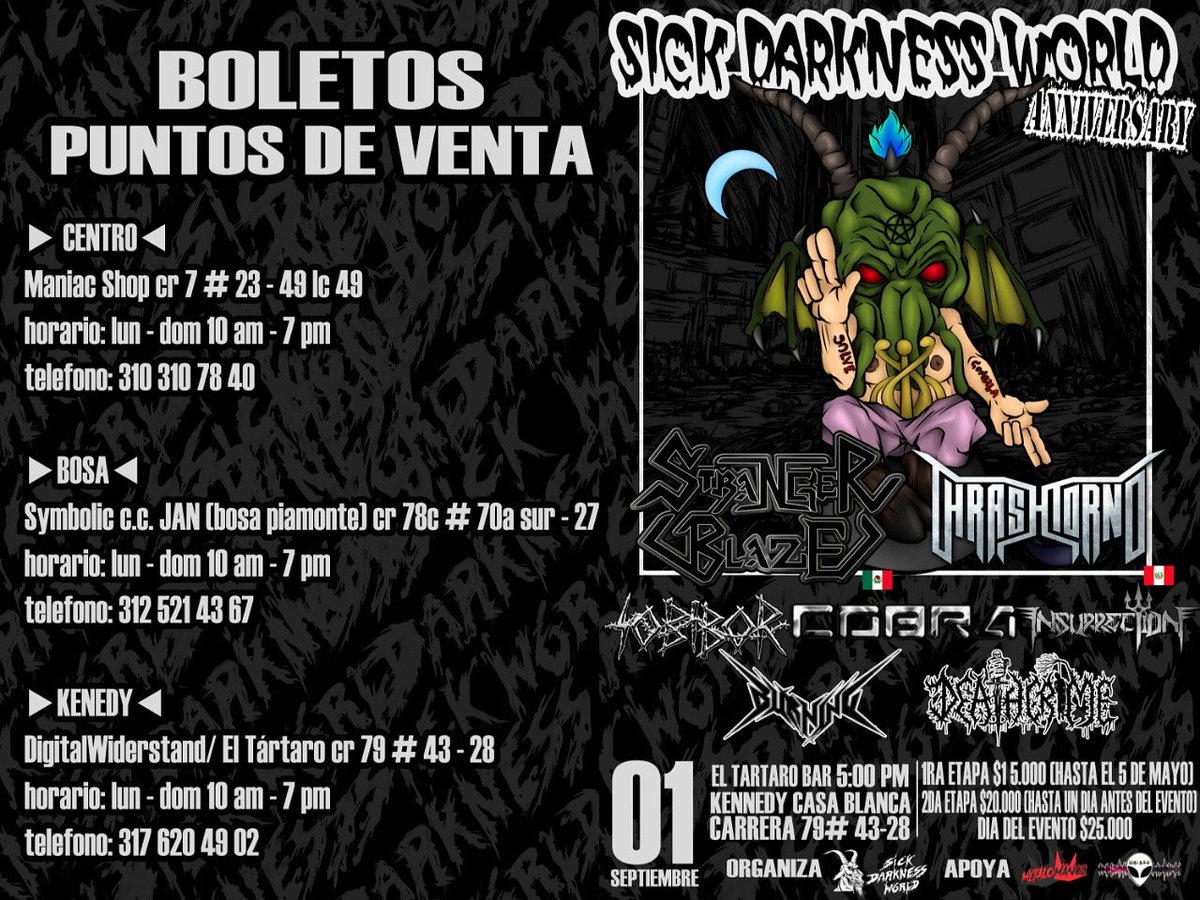 Todos invitados a este gran evento el sábado 01 de septiembre. Metal colombiano, Metal peruano y Metal mexicano en el Tártaro Ciudad de Kennedy.