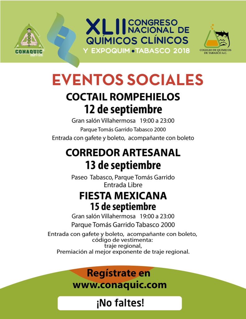 ColQuiTabasco's tweet photo. XLII Congreso Nacional de Químicos Clínicos y ExpoQuím Tabasco 2018... Del 10 al 15 de Septiembre... Registró en  https://t.co/s2fIauZCTB https://t.co/bX8CkX6yVi